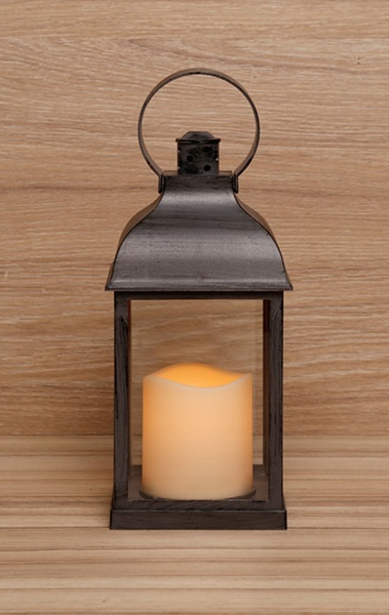 Fekete vintage lámpás pislákoló LED gyertyával