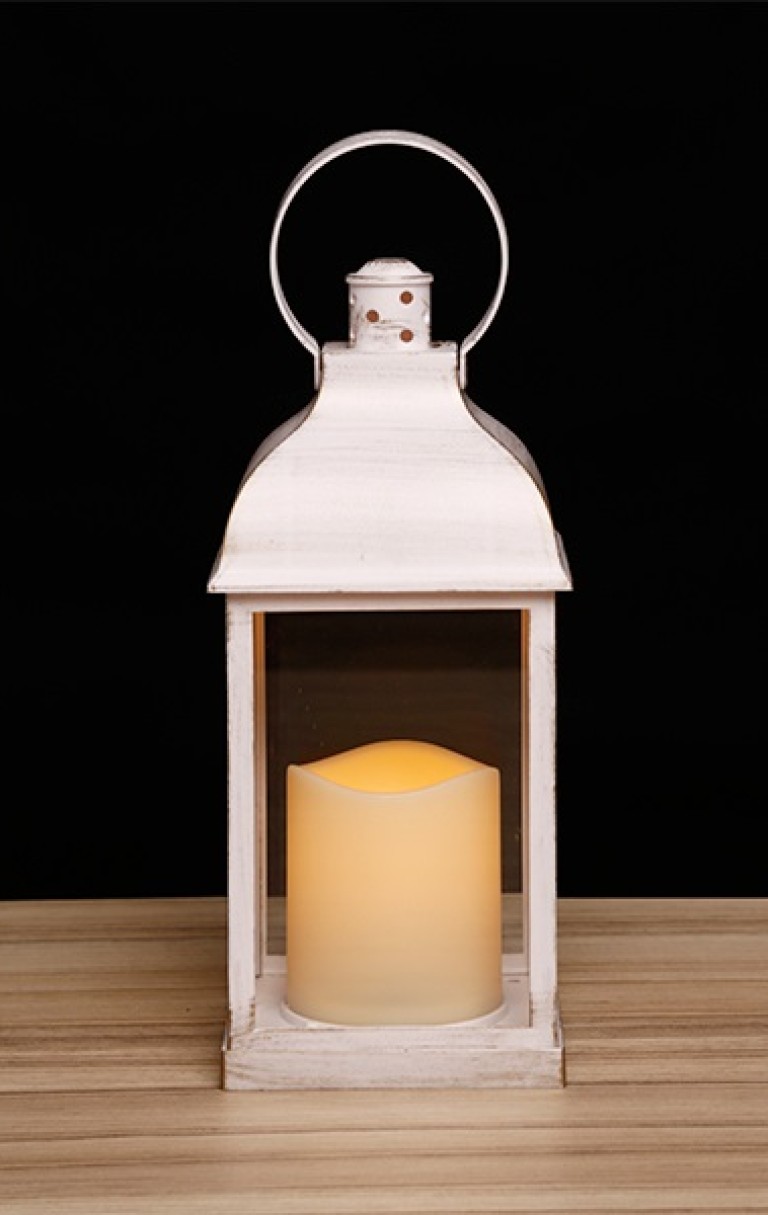 Fehér vintage lámpás pislákoló LED gyertyával